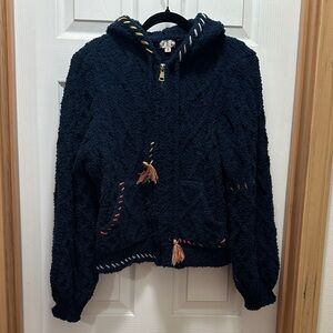 POL Plush Hooded Zipper Navy Sweater with Contrast Tassels